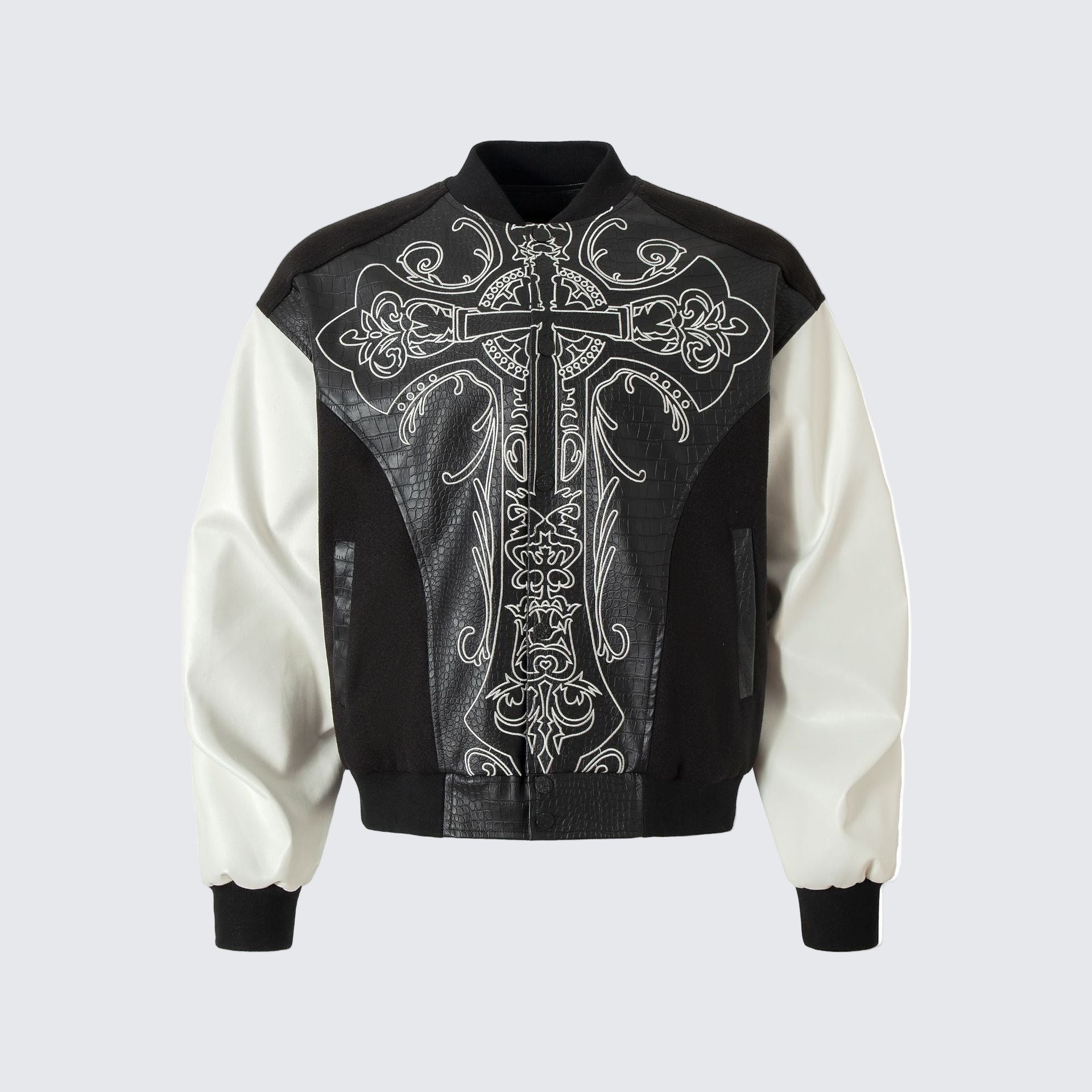 Cross Embroidery Leather Varsity Jacket Black, XS - Streetwear - Slick Street