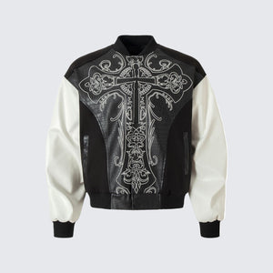 Cross Embroidery Leather Varsity Jacket Black, XS - Streetwear - Slick Street