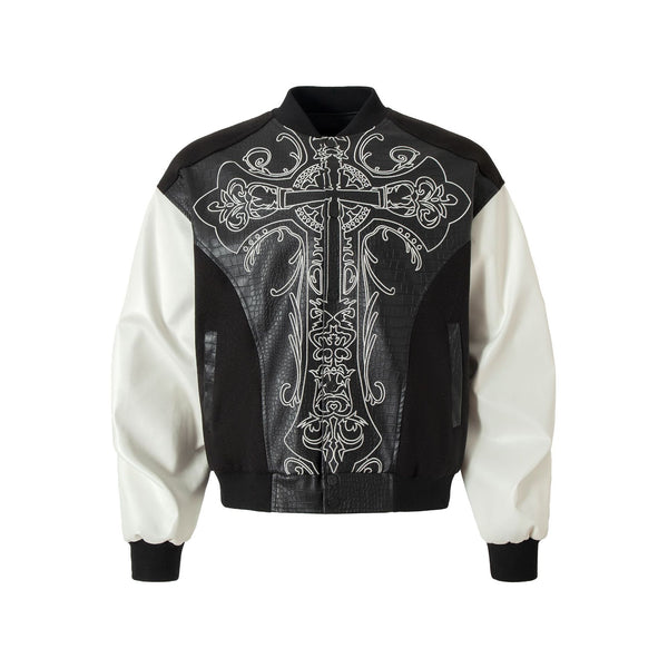 Cross Embroidery Leather Varsity Jacket Black, XS - Streetwear - Slick Street