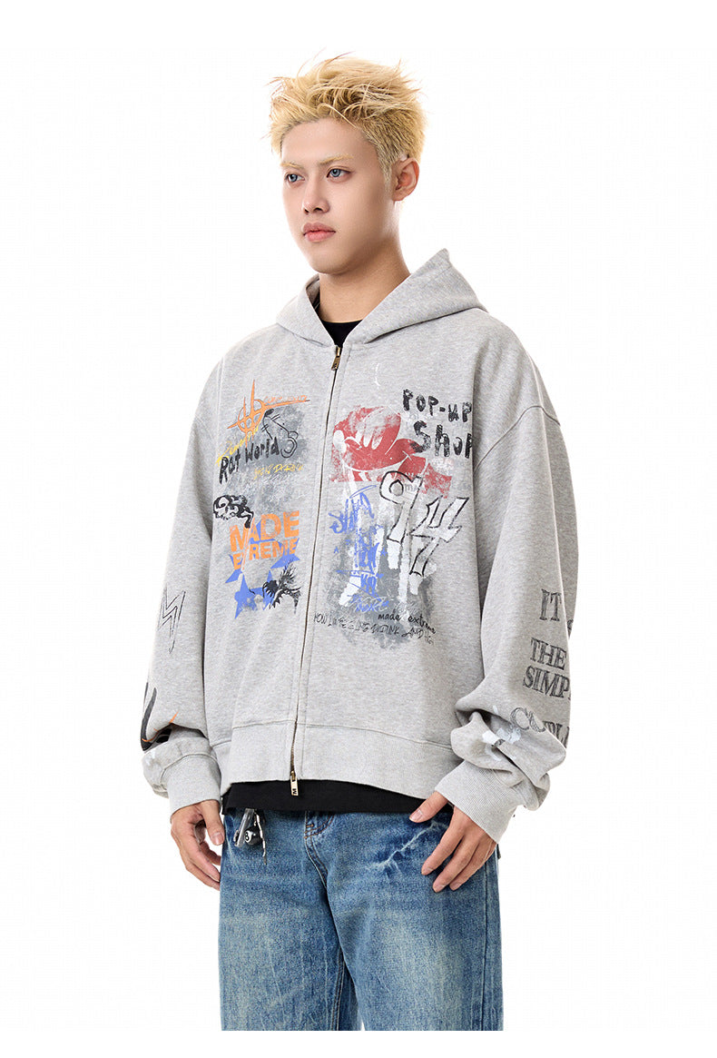 Graffiti Washed Zip Hoodie , - Streetwear Hoodie - Slick Street