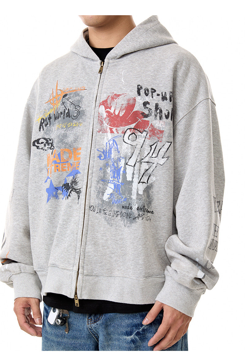 Graffiti Washed Zip Hoodie , - Streetwear Hoodie - Slick Street
