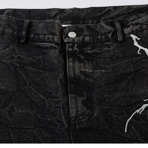 Lightning Embroidery Flared Jeans , - Streetwear Jeans - Slick Street