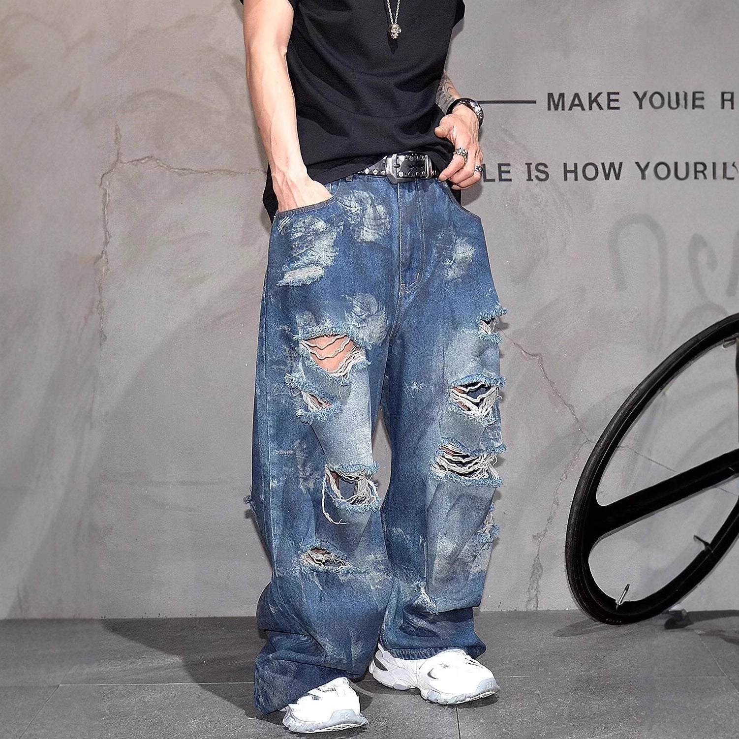 Ruin Distressed Jeans - Heavy Blue , - Streetwear Jeans - Slick Street