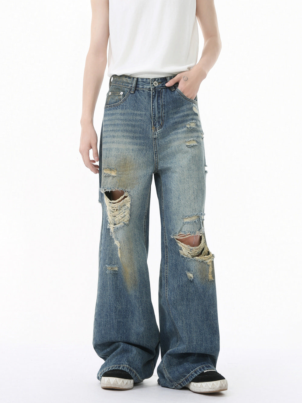 MTLCLOTHES Men's Wear | Four Seasons American Style Old Wear and Wear Trend Dirty Dye Retro Wide Leg Jeans Casual