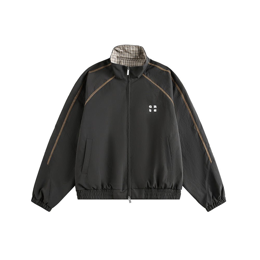 Retro Varsity Plaid Stand Collar Jacket Dark Grey, XS - Streetwear Jacket - Slick Street