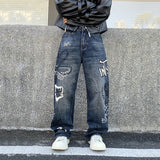 Retro Graffiti Loose Fit Jeans Blue, 28 - Streetwear Jeans - Slick Street