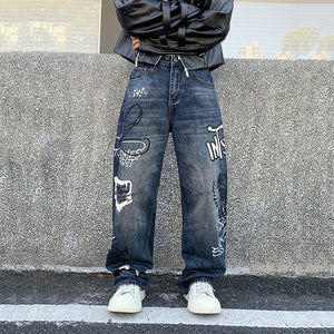Retro Graffiti Loose Fit Jeans , - Streetwear Jeans - Slick Street