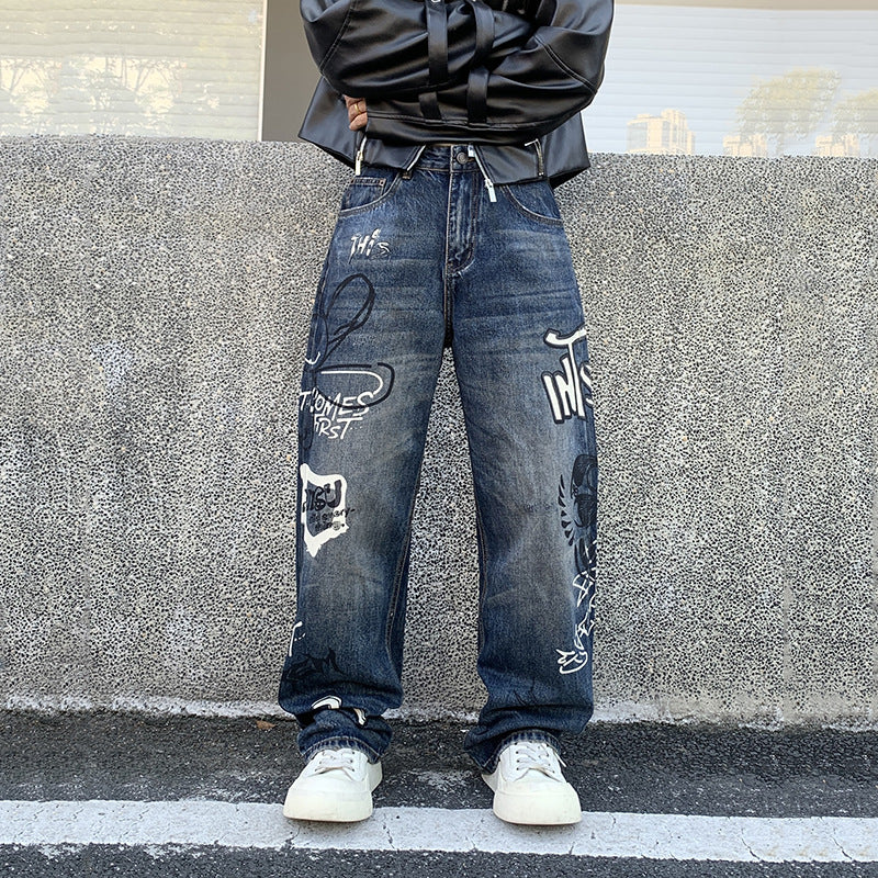 Retro Graffiti Loose Fit Jeans , - Streetwear Jeans - Slick Street