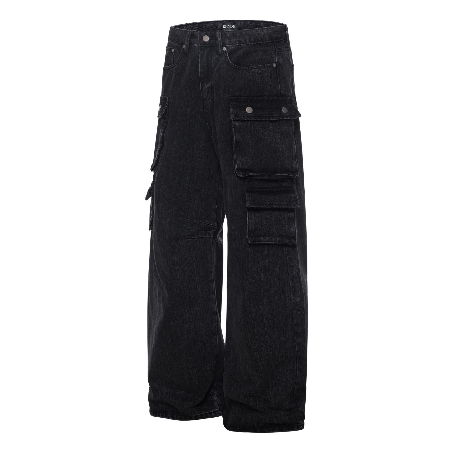 Washed Black Vintage Straight Leg Cargo Jeans , - Streetwear - Slick Street