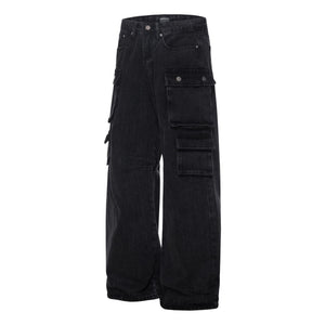 Washed Black Vintage Straight Leg Cargo Jeans , - Streetwear - Slick Street