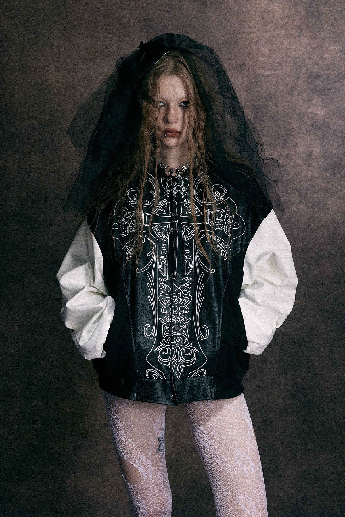 Cross Embroidery Leather Varsity Jacket , - Streetwear - Slick Street