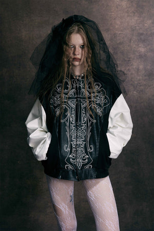 Cross Embroidery Leather Varsity Jacket , - Streetwear - Slick Street