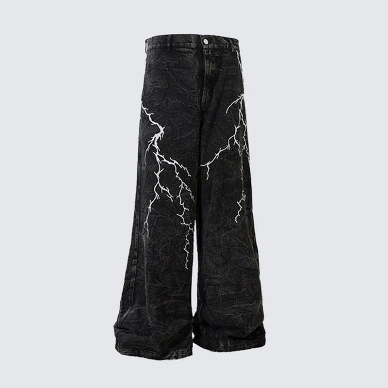 Lightning Embroidery Flared Jeans , - Streetwear - Slick Street