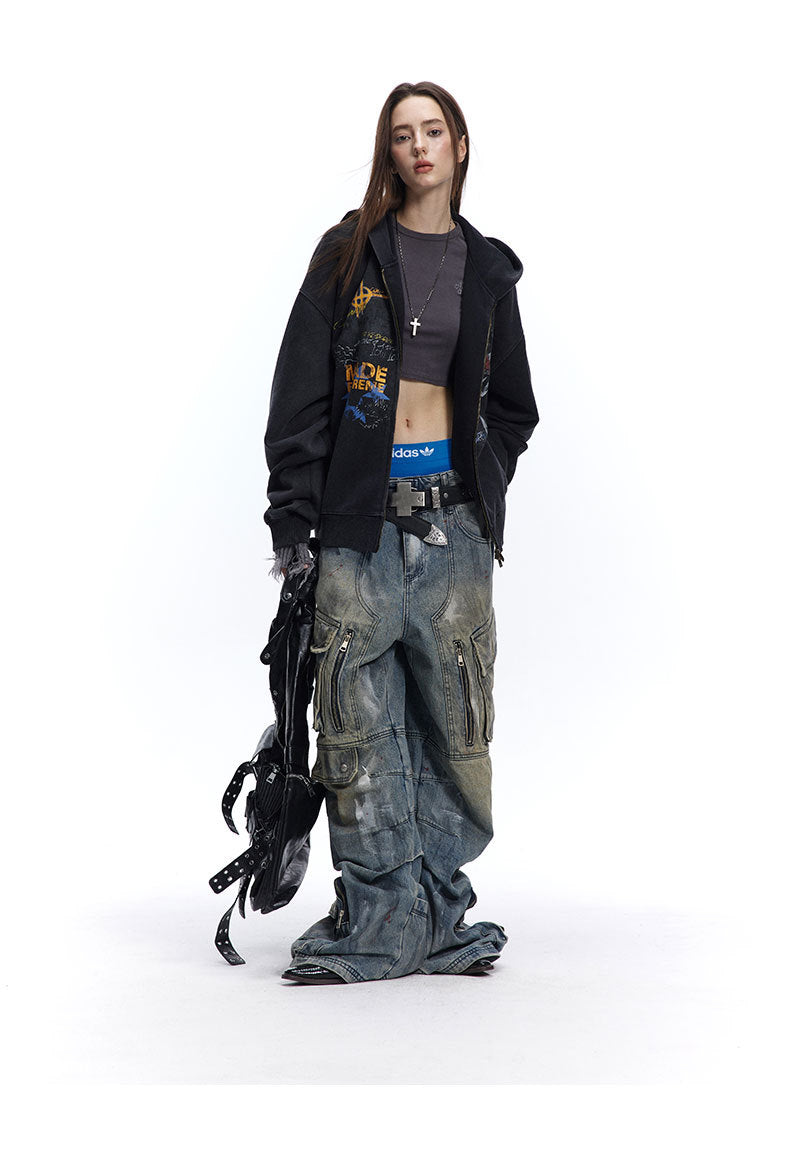 Graffiti Washed Zip Hoodie , - Streetwear Hoodie - Slick Street