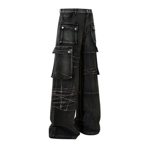 Barbed Baggy Embroidery Cargo Pants , - Streetwear - Slick Street