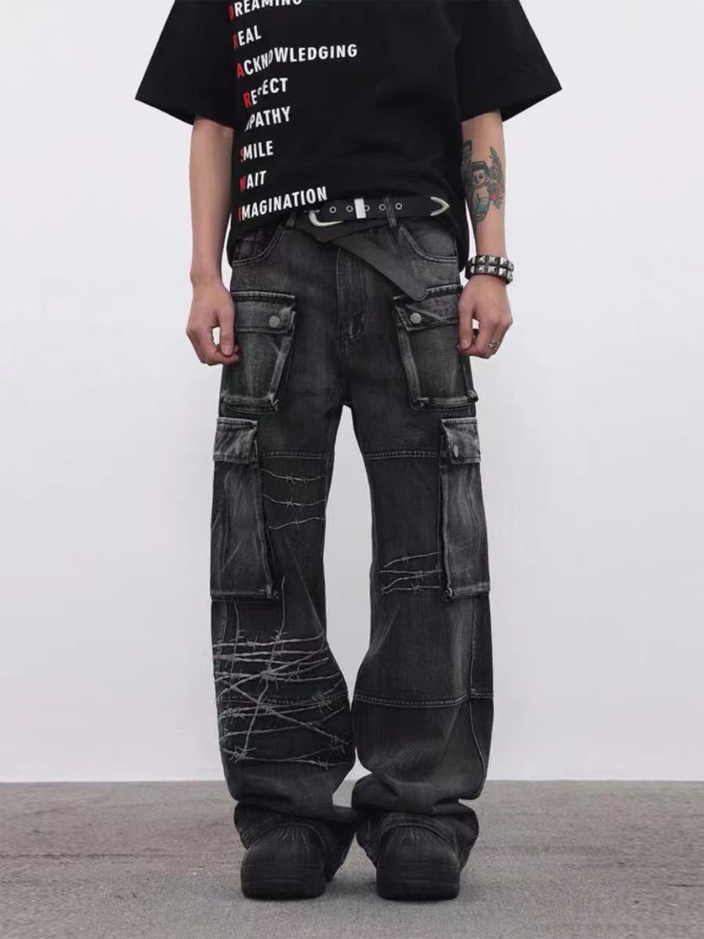 Barbed Baggy Embroidery Cargo Pants , - Streetwear - Slick Street