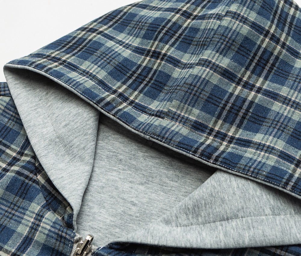 Plaid Reversible Zip Hoodie - Grey Blue , - Streetwear Hoodie - Slick Street