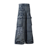 Barbed Baggy Embroidery Cargo Pants Blue, XS - Streetwear - Slick Street