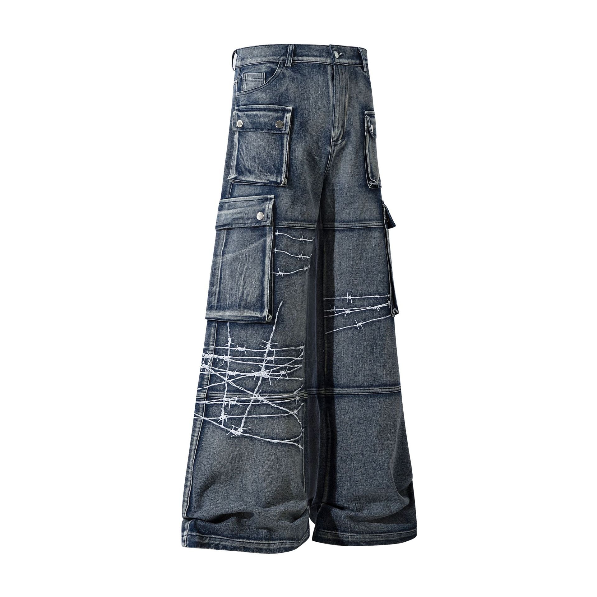 Barbed Baggy Embroidery Cargo Pants Blue, XS - Streetwear - Slick Street
