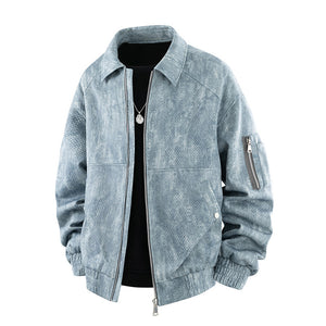 Jacquard Faux Denim Casual Jacket Blue, XS - Streetwear Jacket - Slick Street