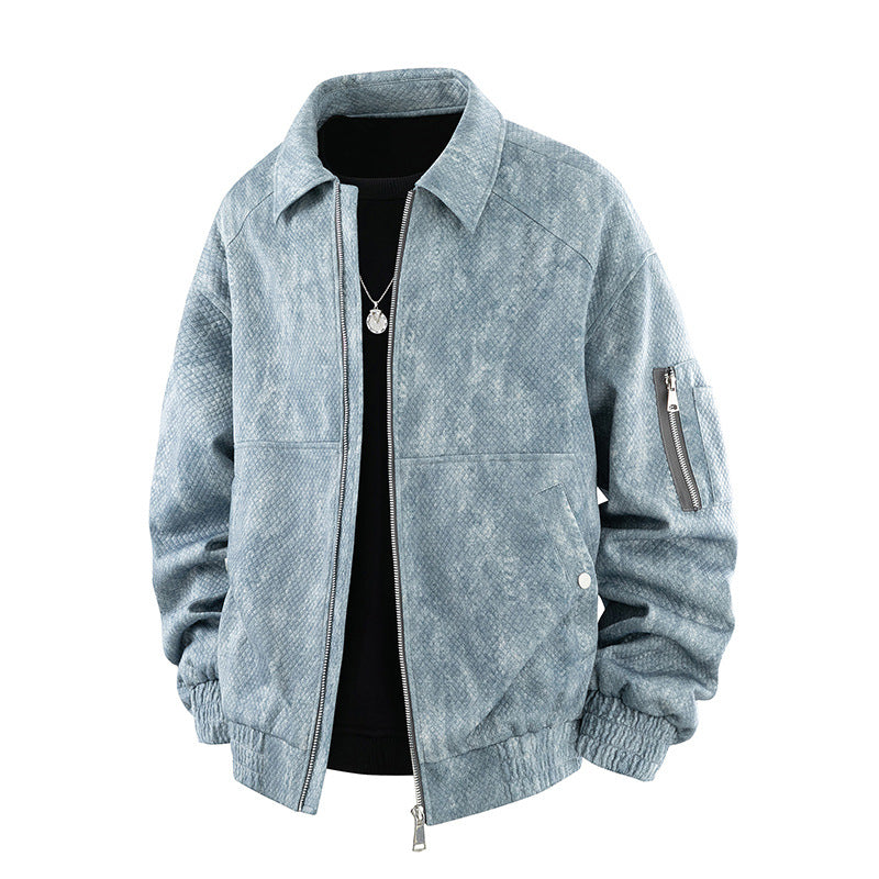 Jacquard Faux Denim Casual Jacket Blue, XS - Streetwear Jacket - Slick Street