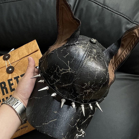 Punk Doberman Ears Leather Baseball Cap , - Streetwear Cap - Slick Street
