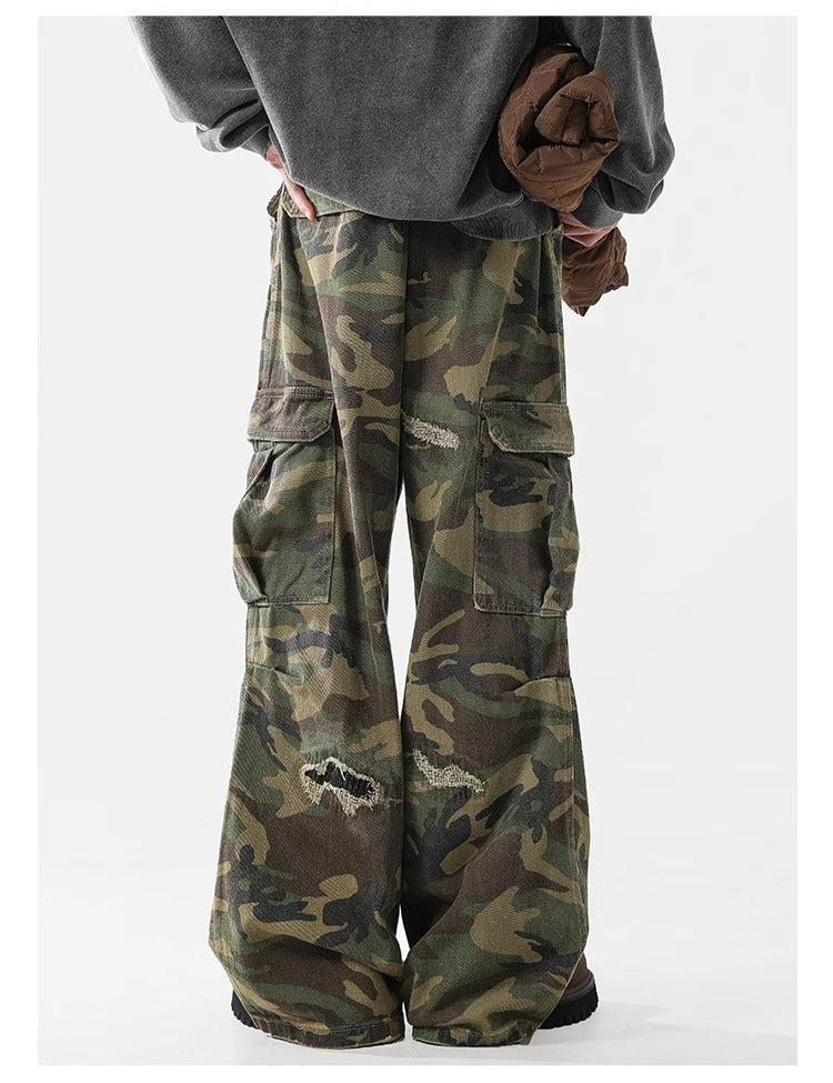 Camo Distressed Cargos , - Streetwear Cargo Pants - Slick Street