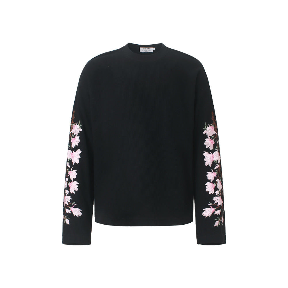 Floral Waffle Knit Long Sleeve Black, S - Streetwear Long Sleeve - Slick Street