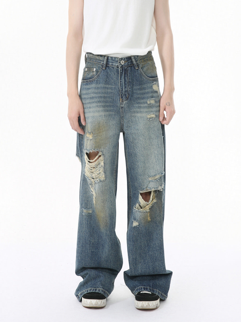 MTLCLOTHES Men's Wear | Four Seasons American Style Old Wear and Wear Trend Dirty Dye Retro Wide Leg Jeans Casual
