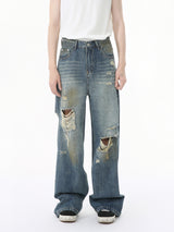 MTLCLOTHES Men's Wear | Four Seasons American Style Old Wear and Wear Trend Dirty Dye Retro Wide Leg Jeans Casual