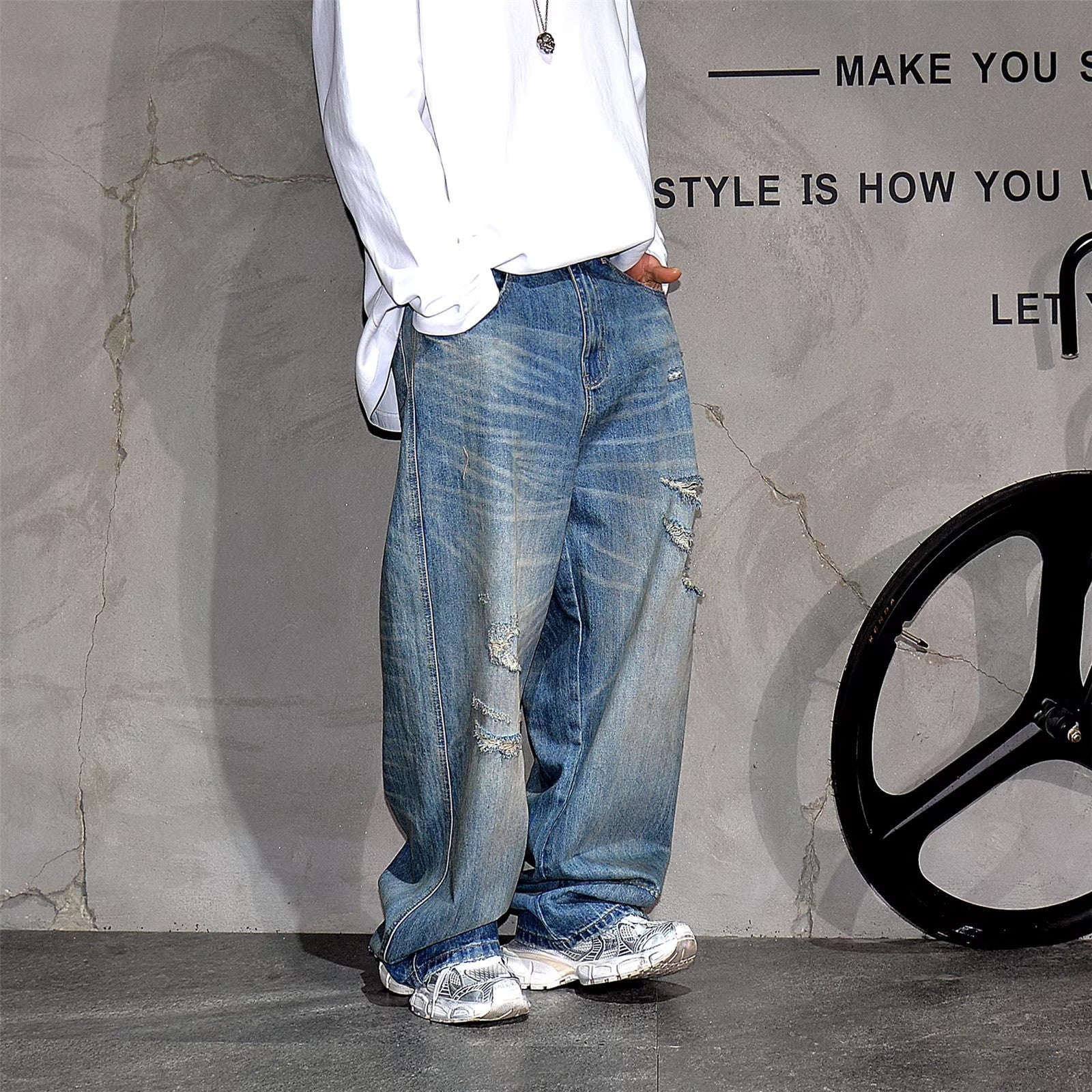 Drift Distressed Jeans - Vintage Blue , - Streetwear Jeans - Slick Street