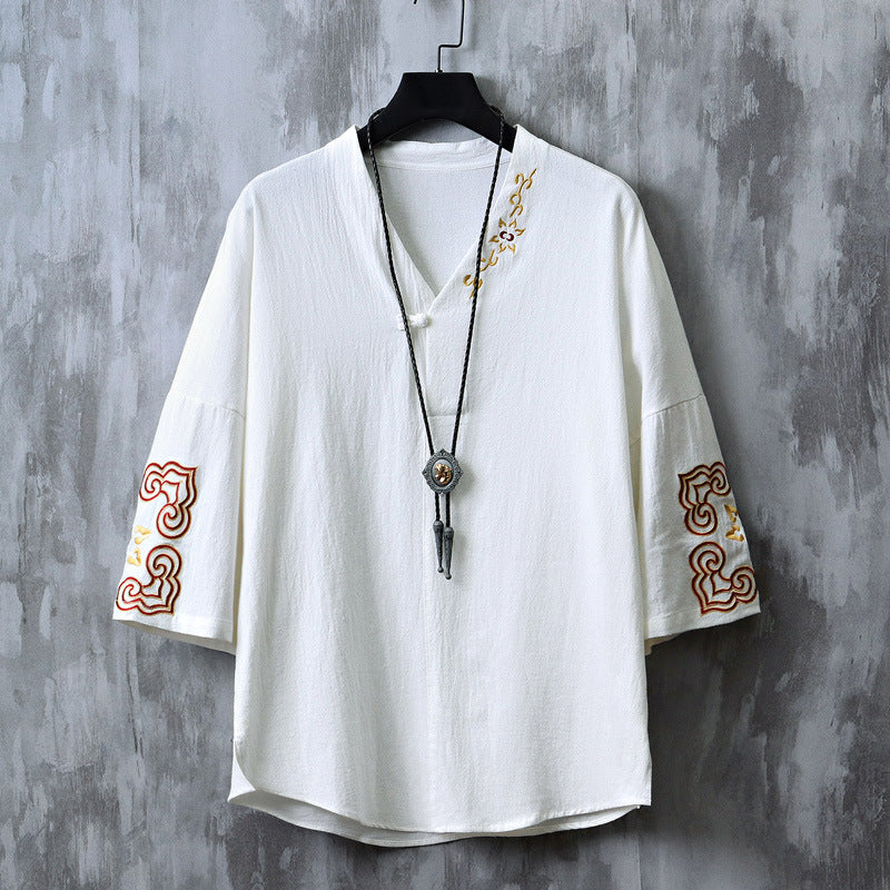 Chinese Embroidered V-Neck Hanfu Tee White, XS - Streetwear T-Shirt - Slick Street