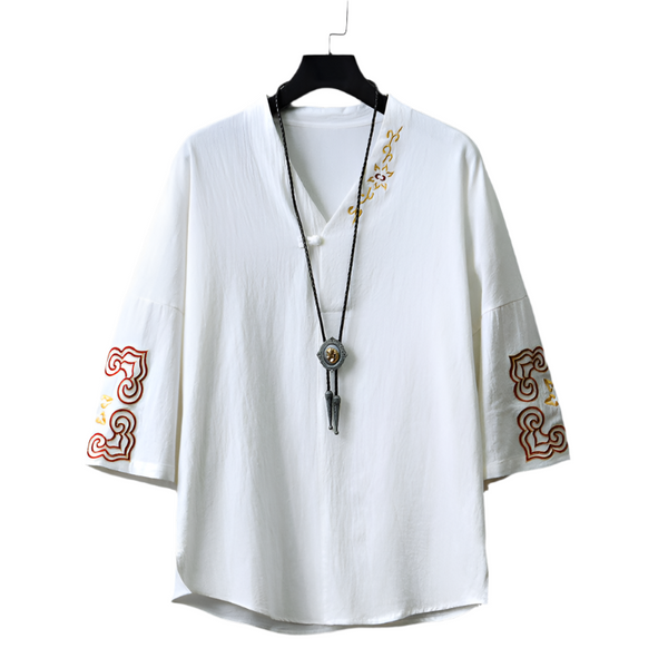 Chinese Embroidered V-Neck Hanfu Tee , - Streetwear T-Shirt - Slick Street