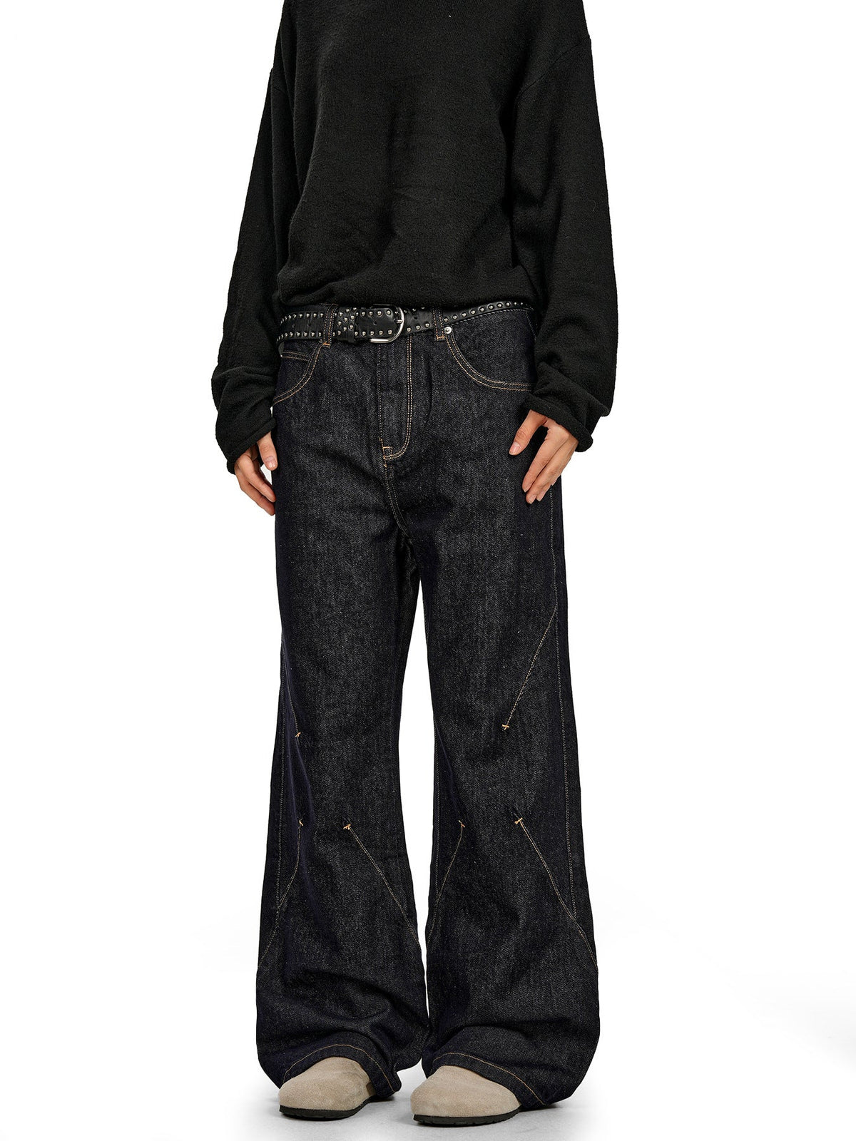 11Kn American Retro Raw Denim Blue Jeans for Men and Women with Visible Stitching, Unique Waist Buckle Design, Slimming, Trendy, Loose Casua
