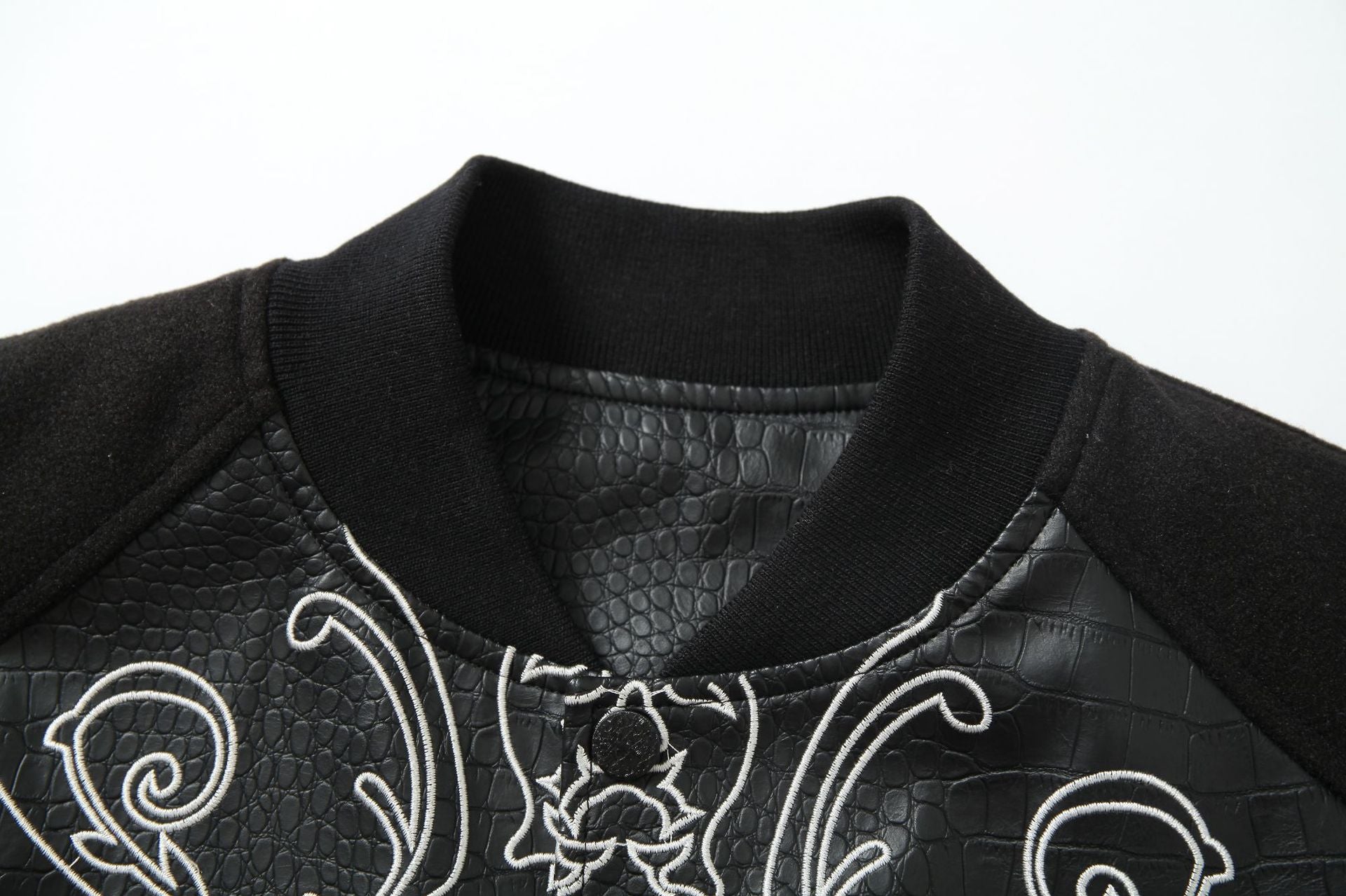 Cross Embroidery Leather Varsity Jacket , - Streetwear - Slick Street
