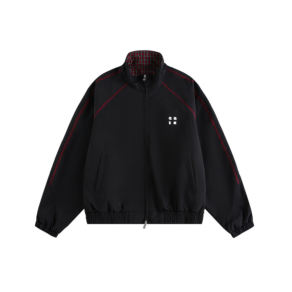Retro Varsity Plaid Stand Collar Jacket Black, XS - Streetwear Jacket - Slick Street