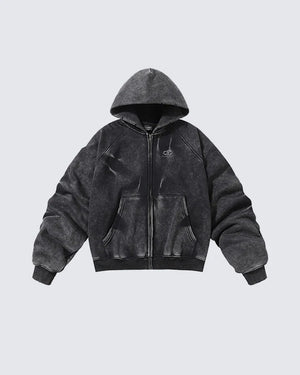Distressed Washed Zip Hoodie Black, XS - Streetwear Hoodie - Slick Street