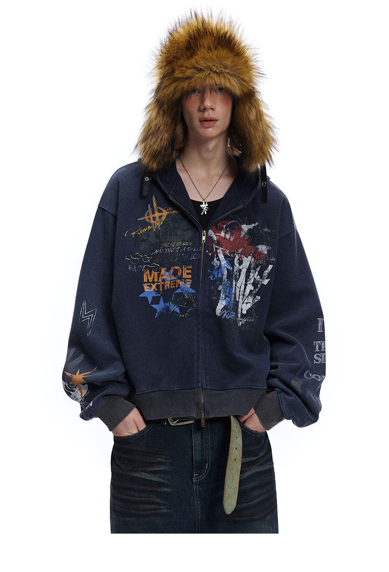 Graffiti Washed Zip Hoodie , - Streetwear Hoodie - Slick Street