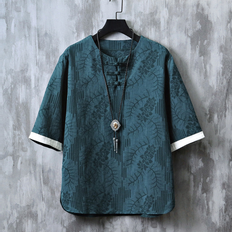 Vintage Chinese Somber Rose Hanfu Tee Blue, XS - Streetwear T-Shirt - Slick Street