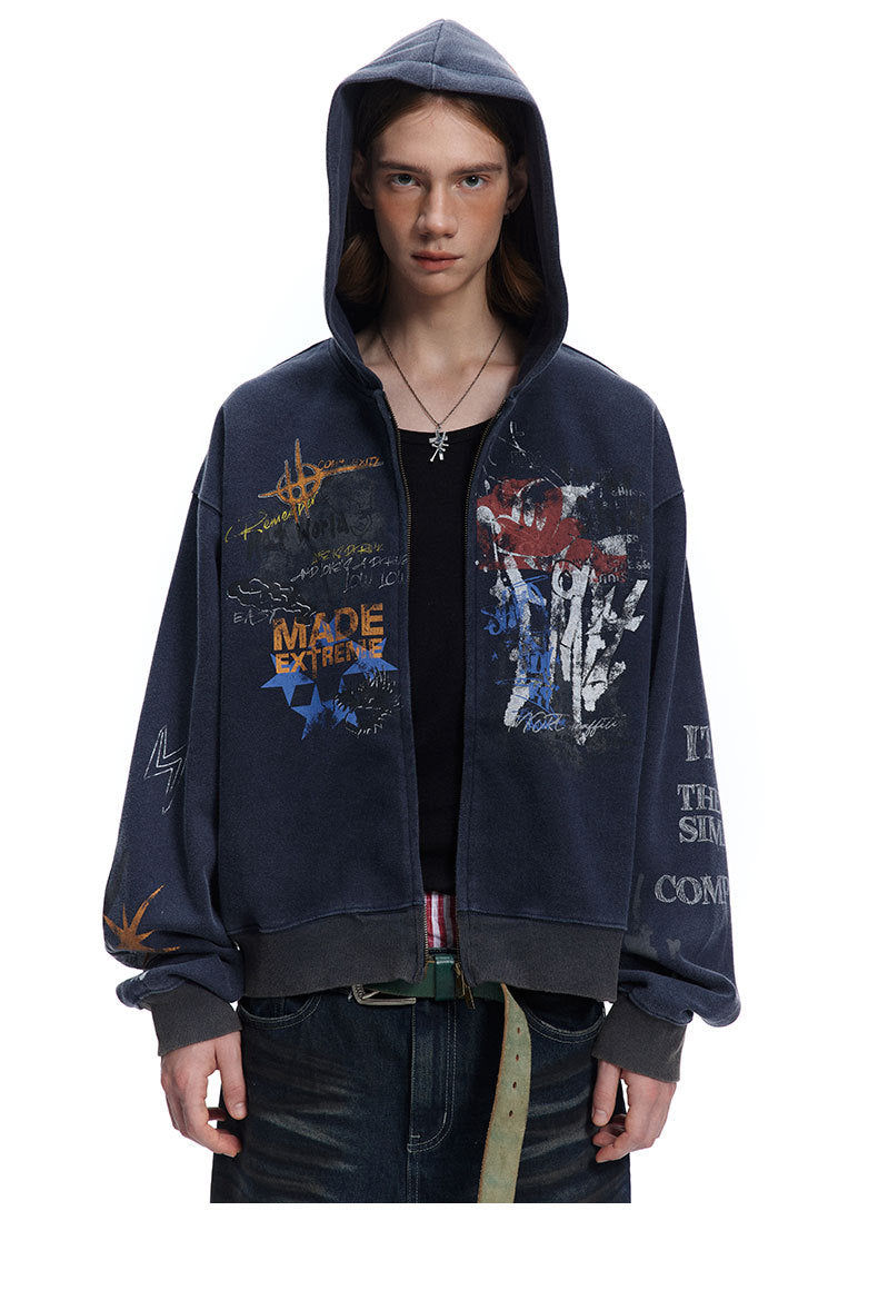 Graffiti Washed Zip Hoodie , - Streetwear Hoodie - Slick Street