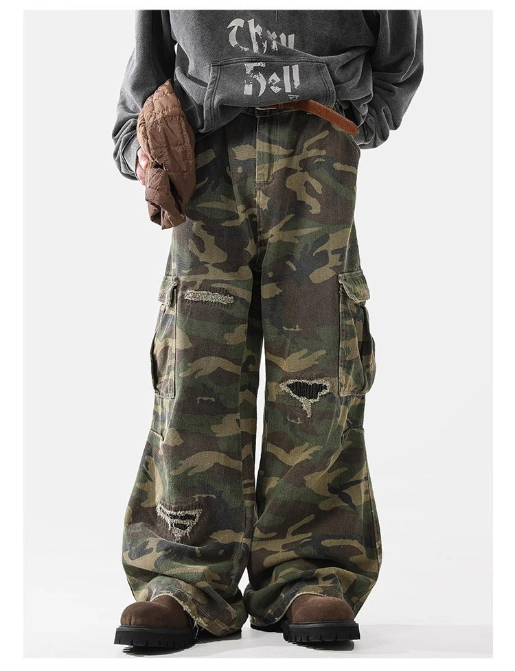 Camo Distressed Cargos , - Streetwear Cargo Pants - Slick Street