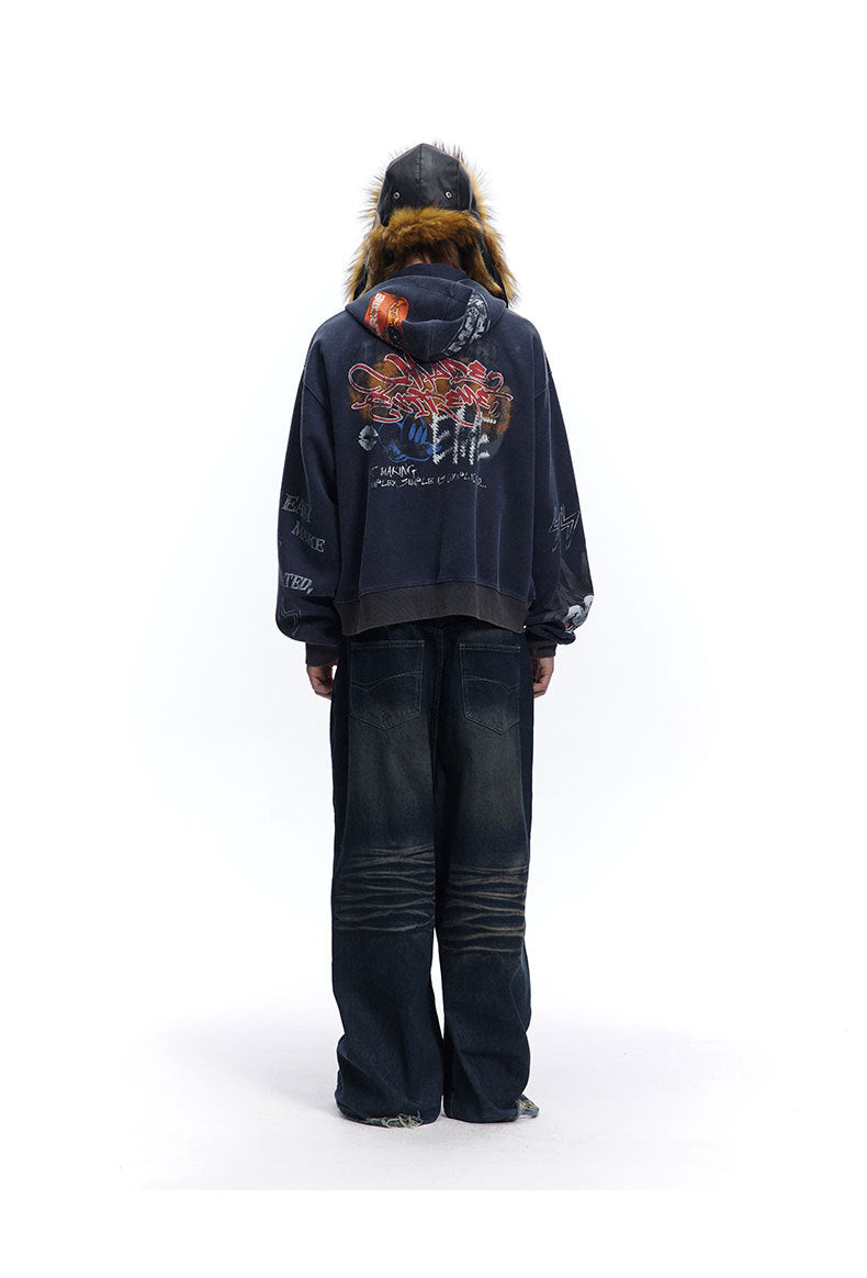 Graffiti Washed Zip Hoodie , - Streetwear Hoodie - Slick Street
