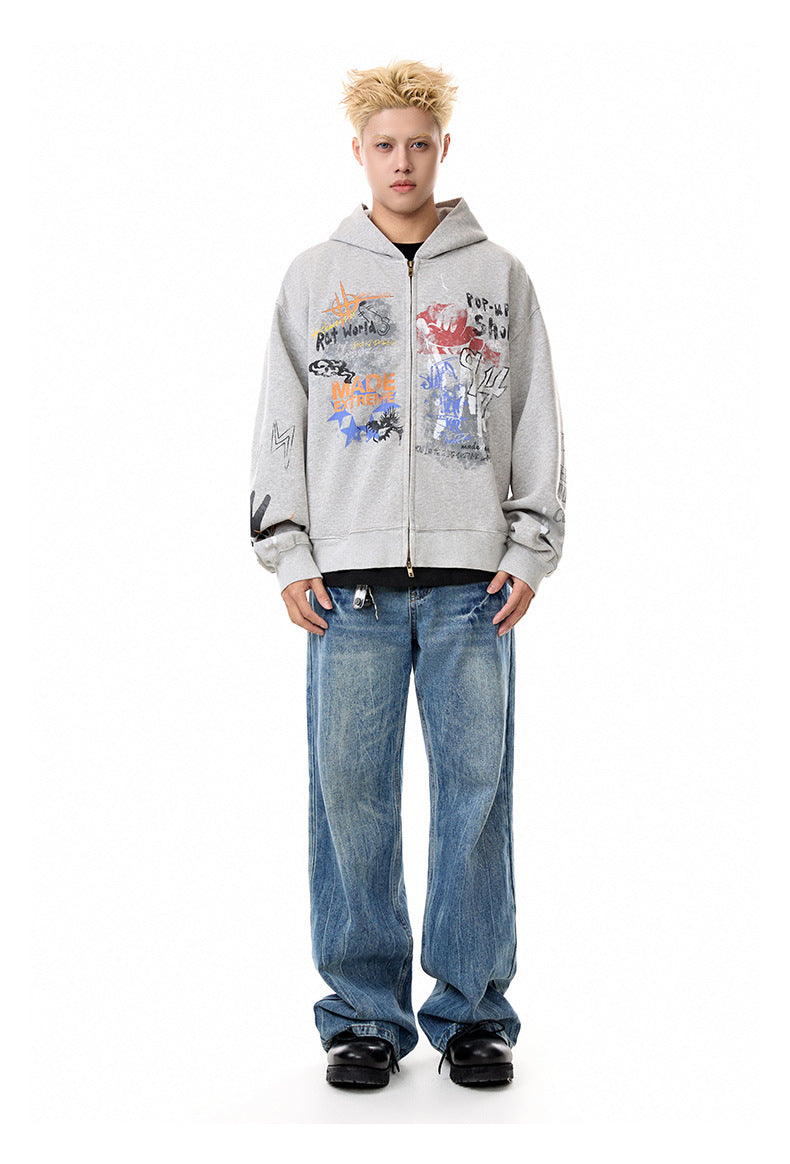 Graffiti Washed Zip Hoodie , - Streetwear Hoodie - Slick Street
