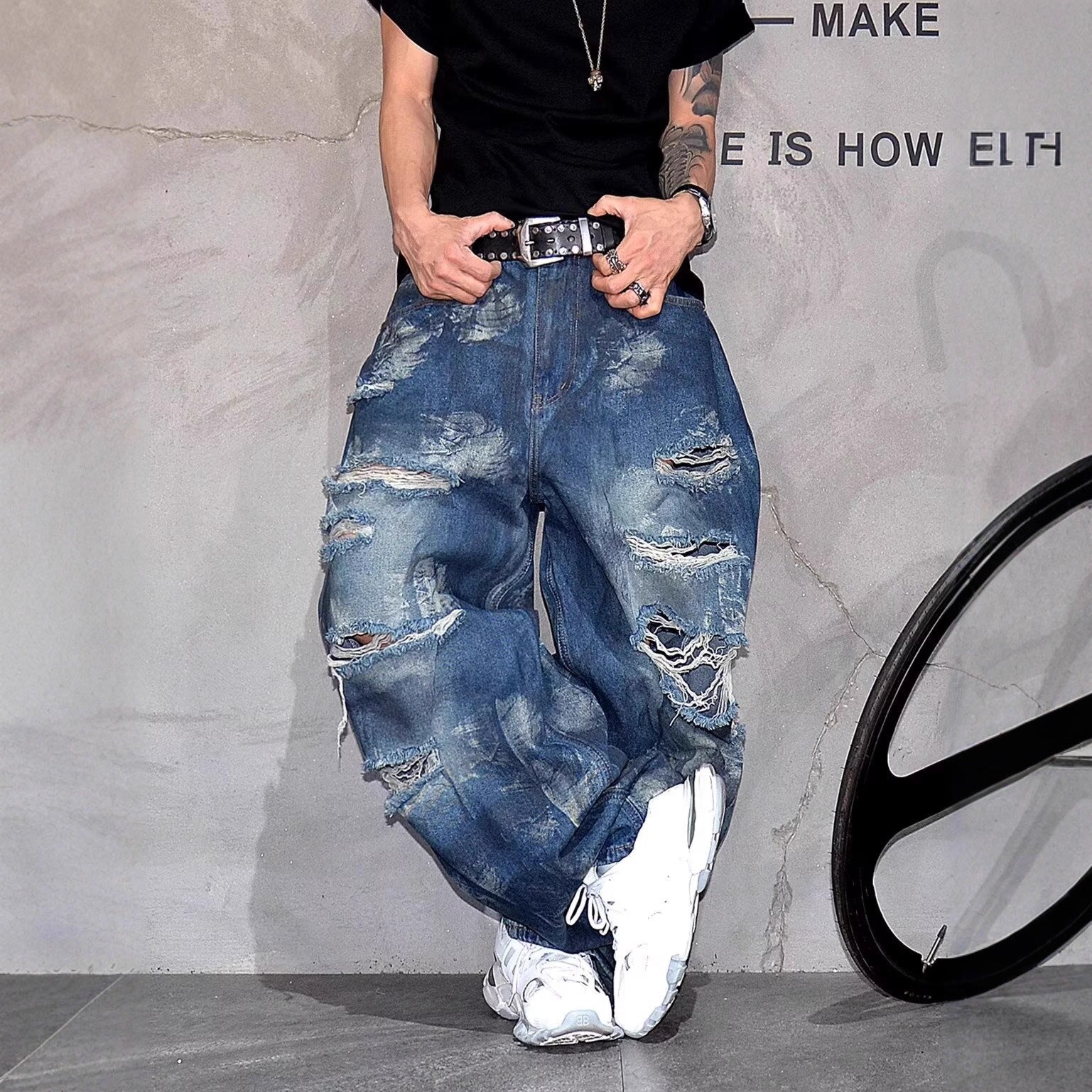 Ruin Distressed Jeans - Heavy Blue , - Streetwear Jeans - Slick Street
