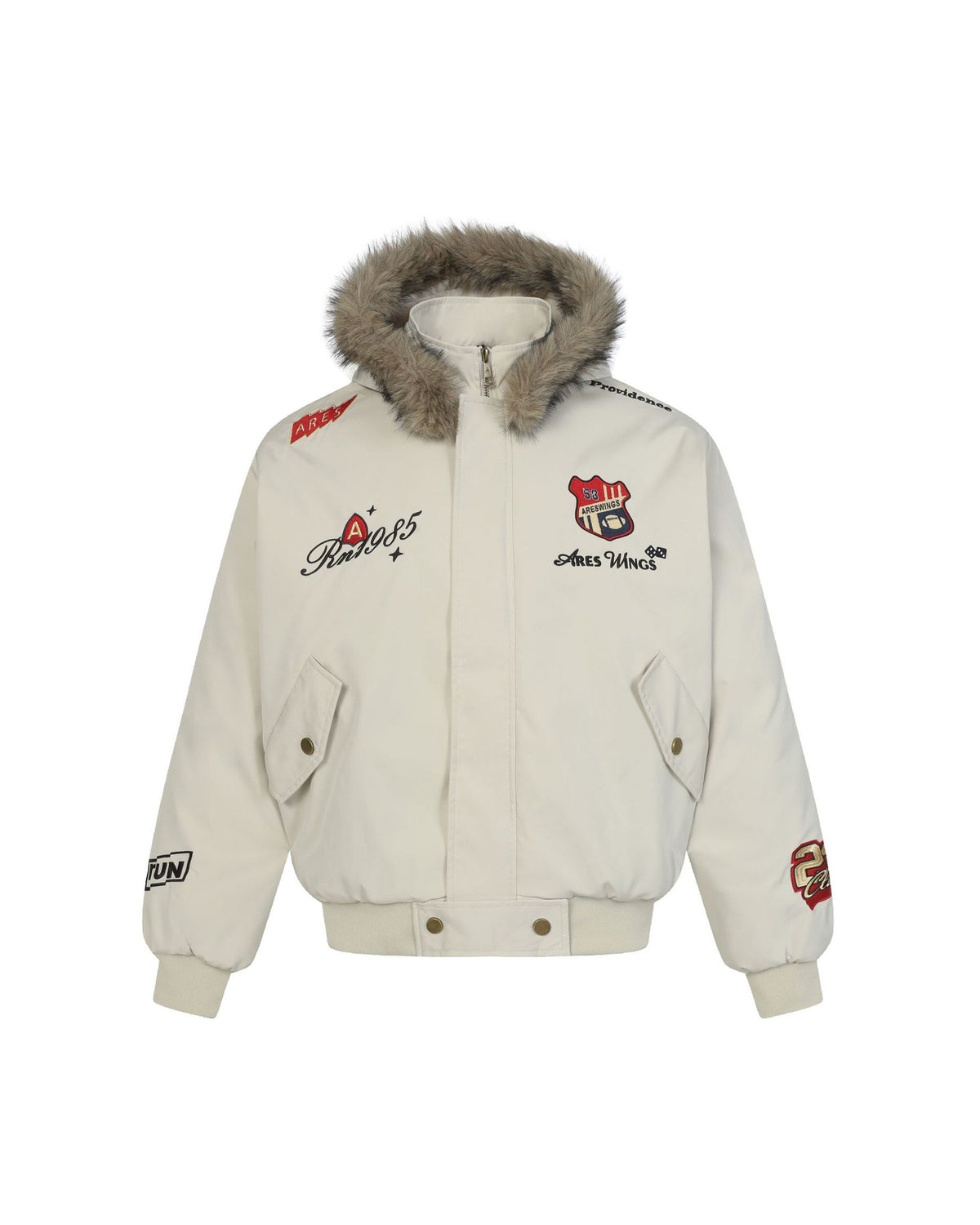 Ares 1985 Fur Hood Bomber Jacket Beige, S - Streetwear Jacket - Slick Street