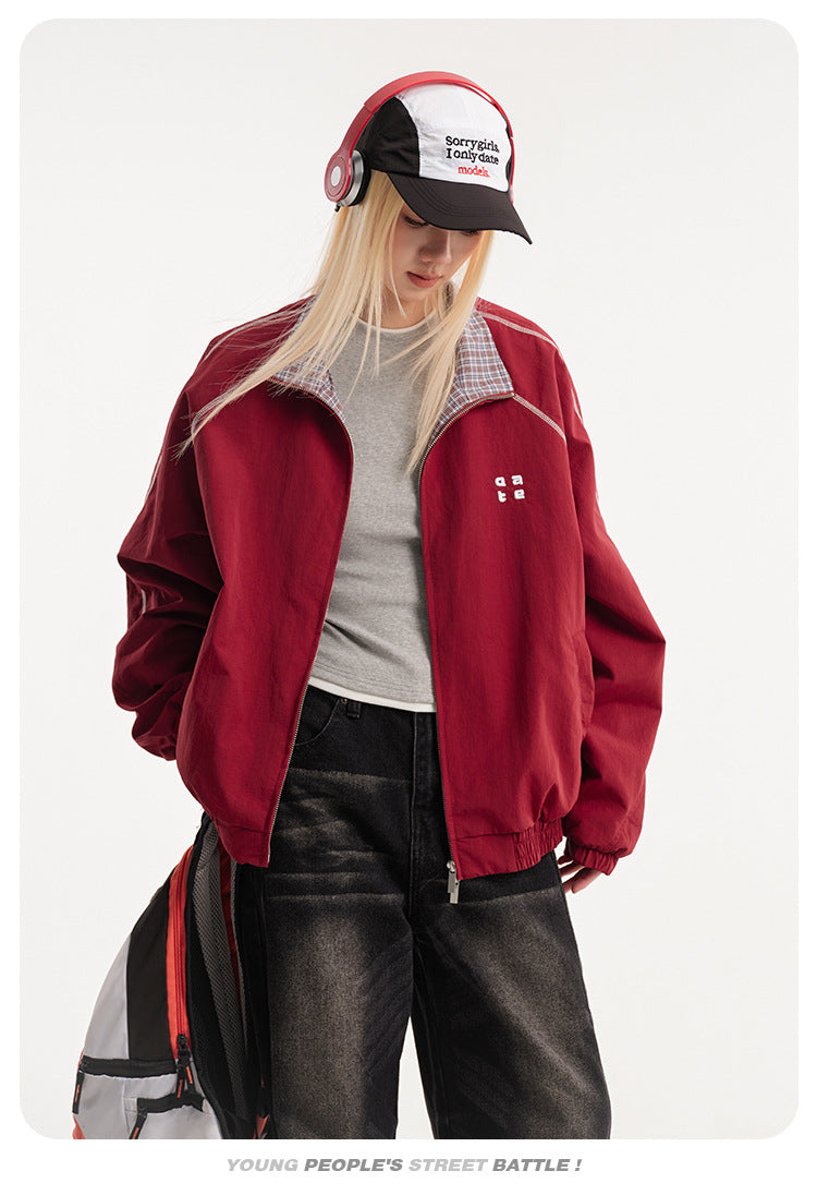 Retro Varsity Plaid Stand Collar Jacket , - Streetwear Jacket - Slick Street