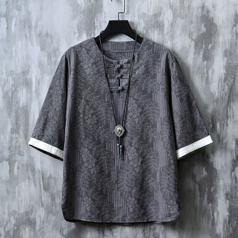 Vintage Chinese Somber Rose Hanfu Tee Grey, XS - Streetwear T-Shirt - Slick Street