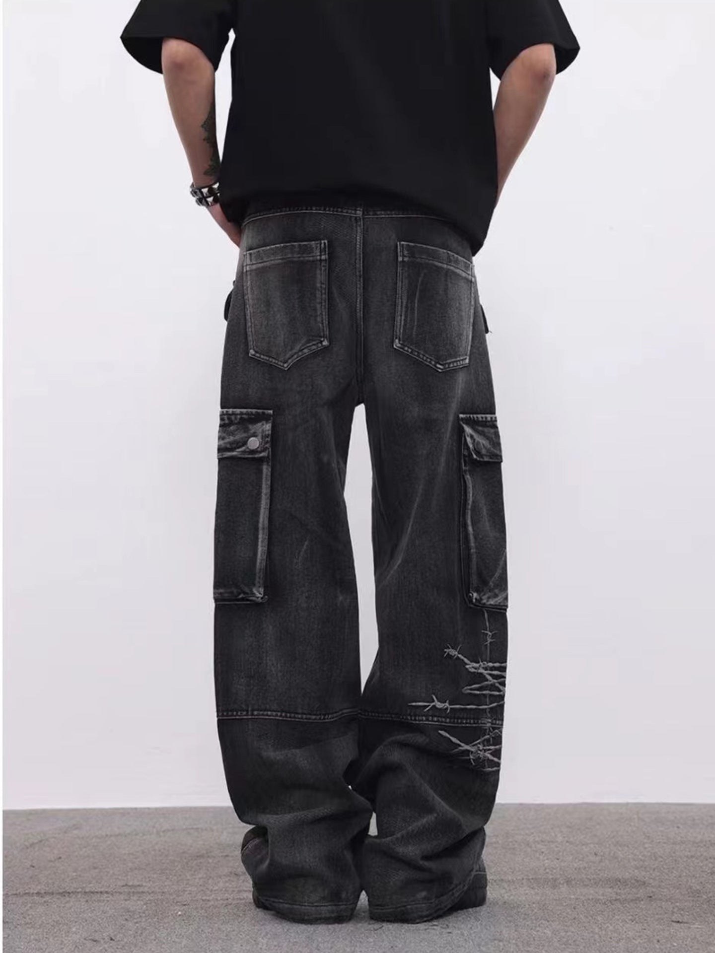 Barbed Baggy Embroidery Cargo Pants , - Streetwear - Slick Street