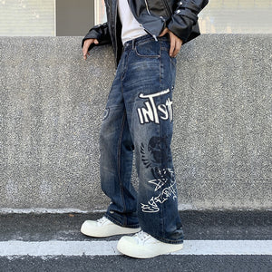Retro Graffiti Loose Fit Jeans , - Streetwear Jeans - Slick Street