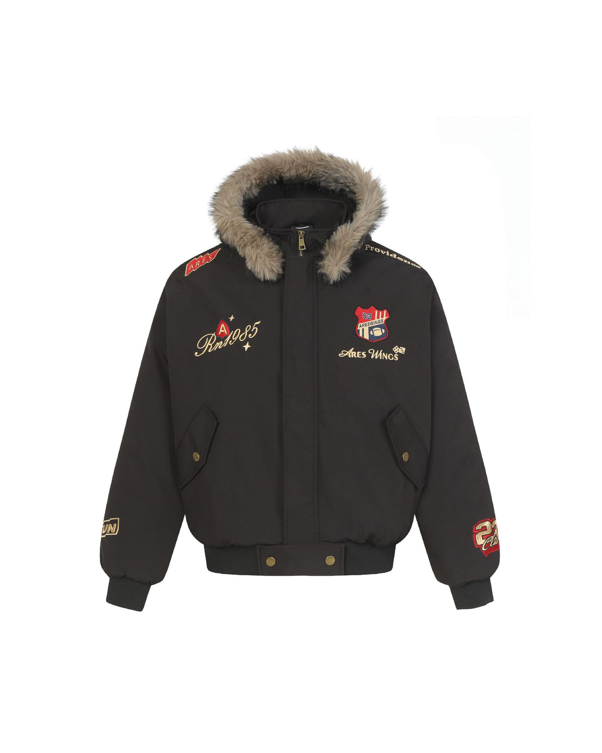 Ares 1985 Fur Hood Bomber Jacket Black, S - Streetwear Jacket - Slick Street
